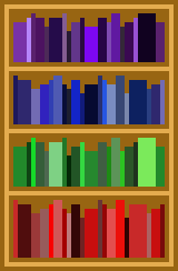 A pixel gif of a bookshelf with books arranged by color; some of the books are bouncing.