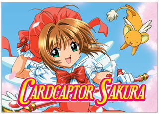 An image from the anime 'Card Captor Sakura' featuring the title character 'Sakura' in a pink and white outfit with her magic staff and her yellow, miniature, magical companion named 'Kero' who kind of looks like a teddy bear.