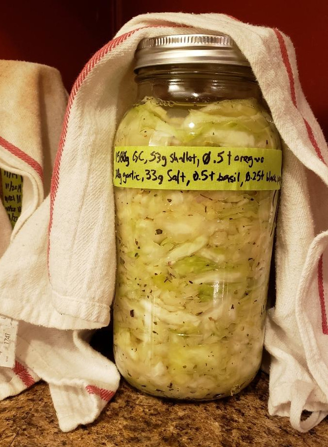 A progression picture of the ferment 
      in a ball jar, covered slightly by a dish towel. It is more yellow, the liquid has gone up, and there are faint bubbles on the liquid's surface.