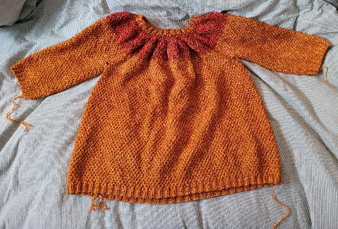A simple yellow and red sweater with 3/4 sleeves.